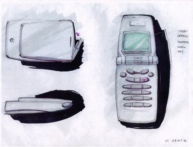 Sketches and notes for a clamshell phone, transparencies. Sketches and notes for a clamshell phone. Dale Frye and Jeff Deacon.